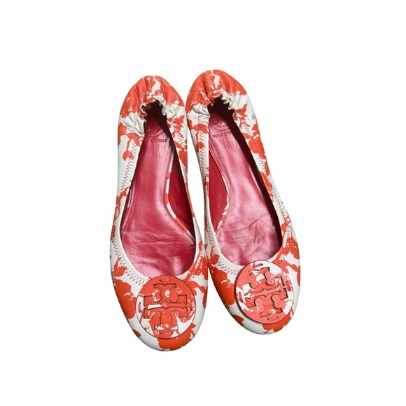Tory Burch Shoes - Tory Burch Red/ Orange  and White Patterned Flats